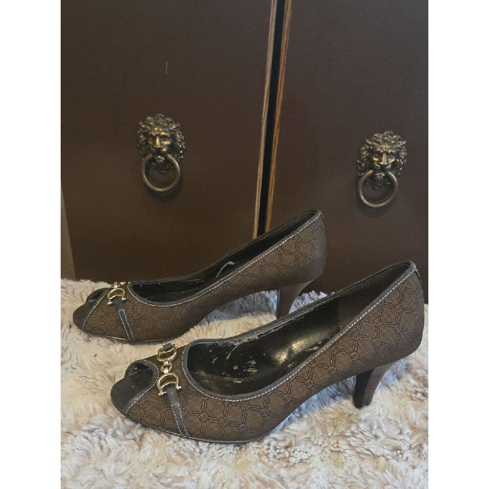 Etienne Aigner Brown Patterned Peep-Toe Heels with Gold Hardware